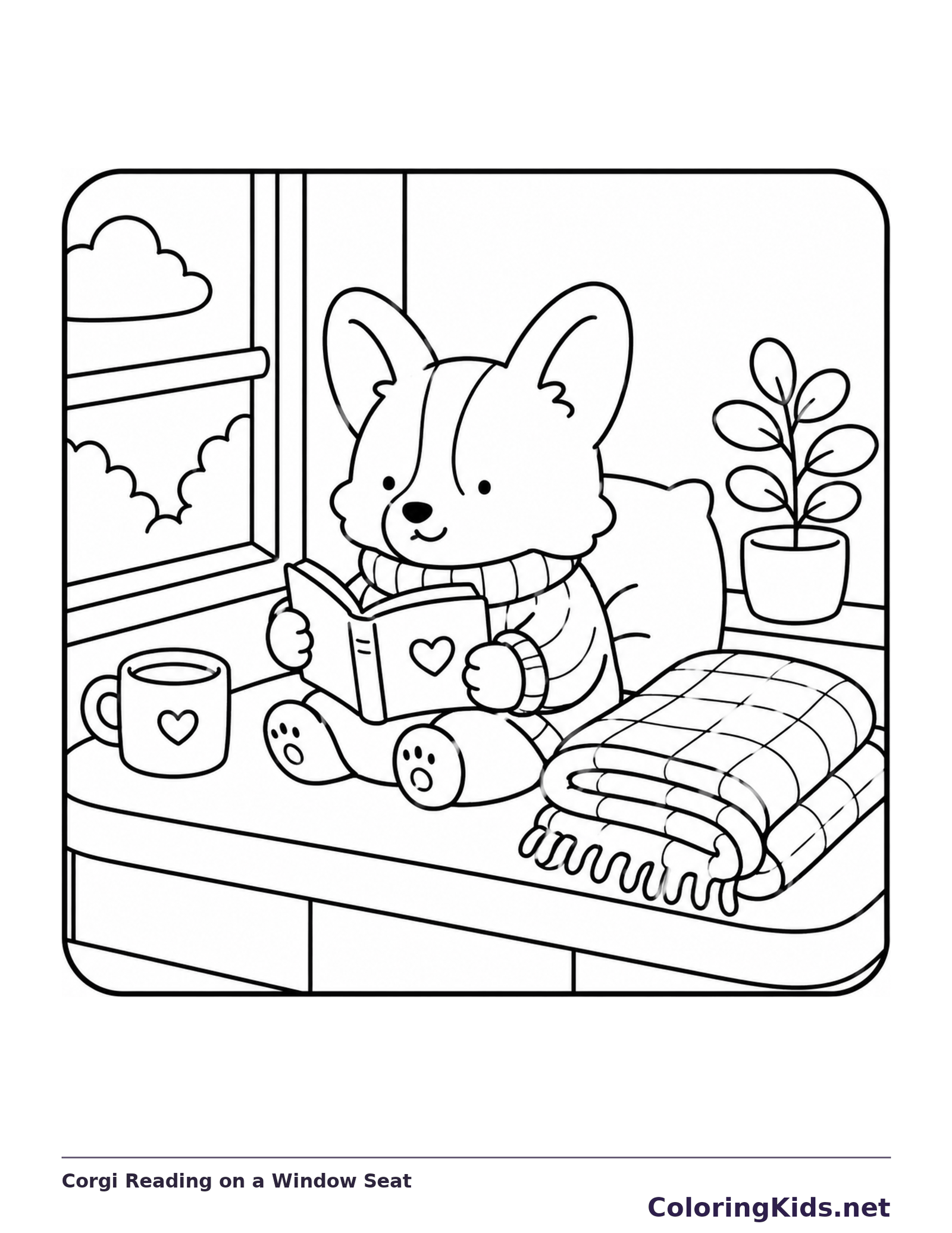 Corgi reading a book on a window seat with a plant, cup and folded blanket