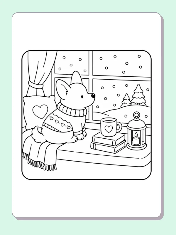 Corgi looking at snowy trees through a window beside books, lantern and mug