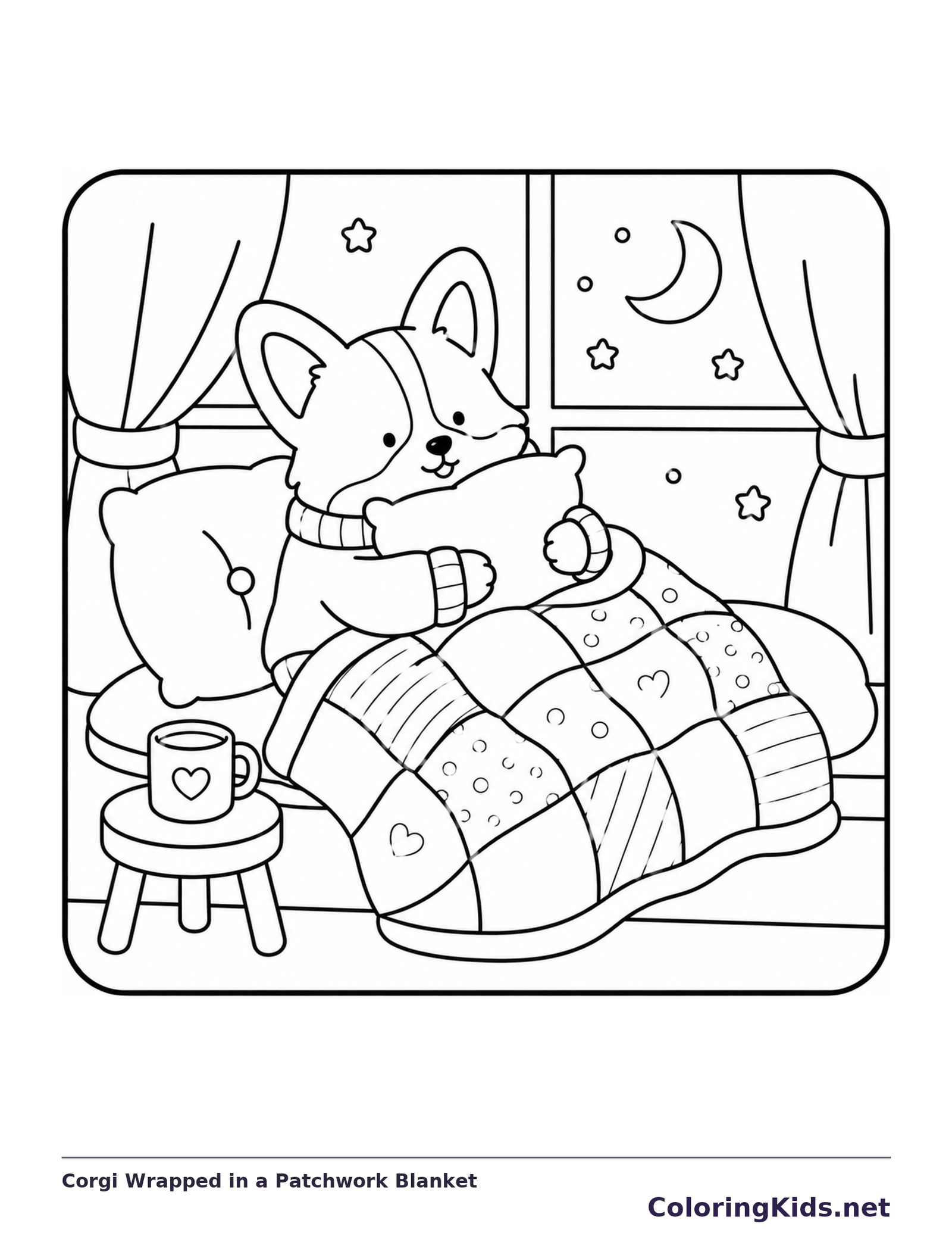 Corgi tucked beneath a patchwork blanket beside a nighttime window and tea cup
