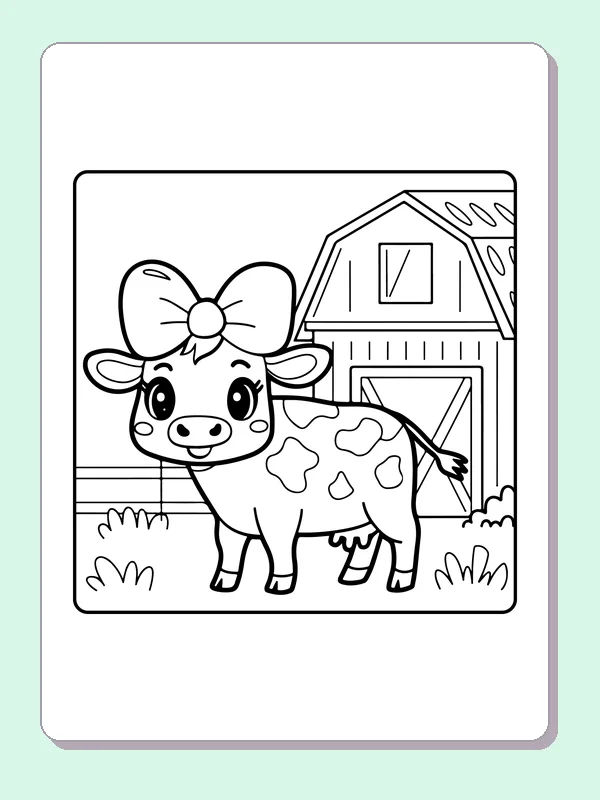 Bow-wearing cow beside a barn, black-and-white printable cow coloring page