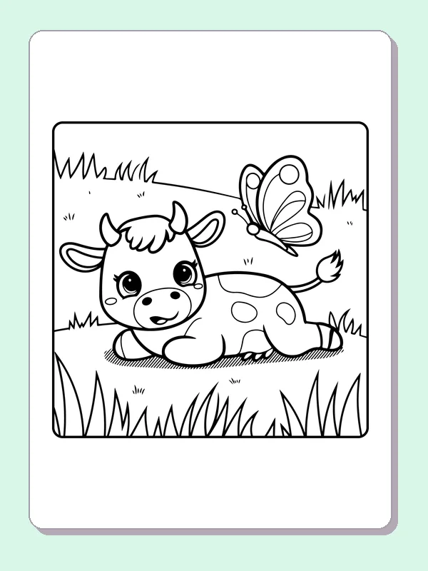 Calf resting beside a butterfly, black-and-white printable cow coloring page
