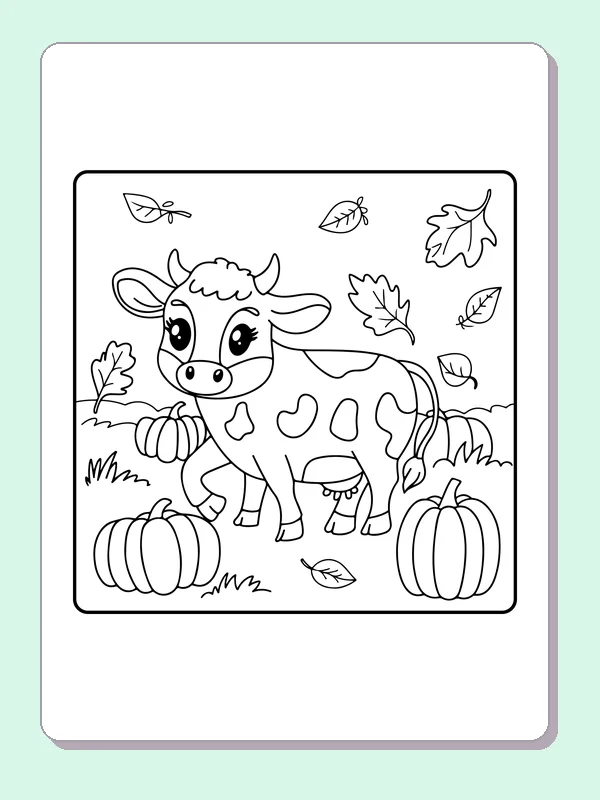 Cow among pumpkins and falling leaves, black-and-white printable cow coloring page