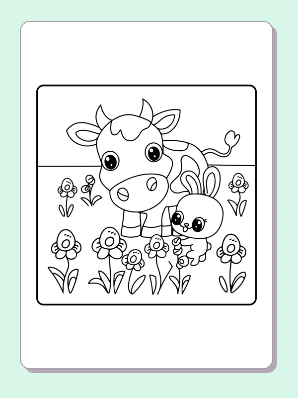 Cow and bunny in a flower garden, black-and-white printable cow coloring page