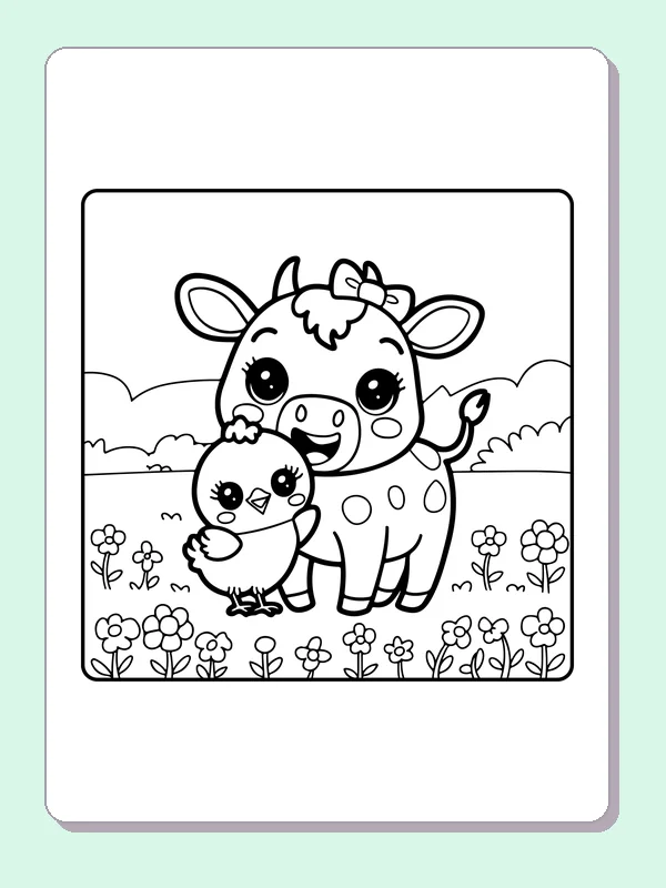 Cow and chick among flowers, black-and-white printable cow coloring page