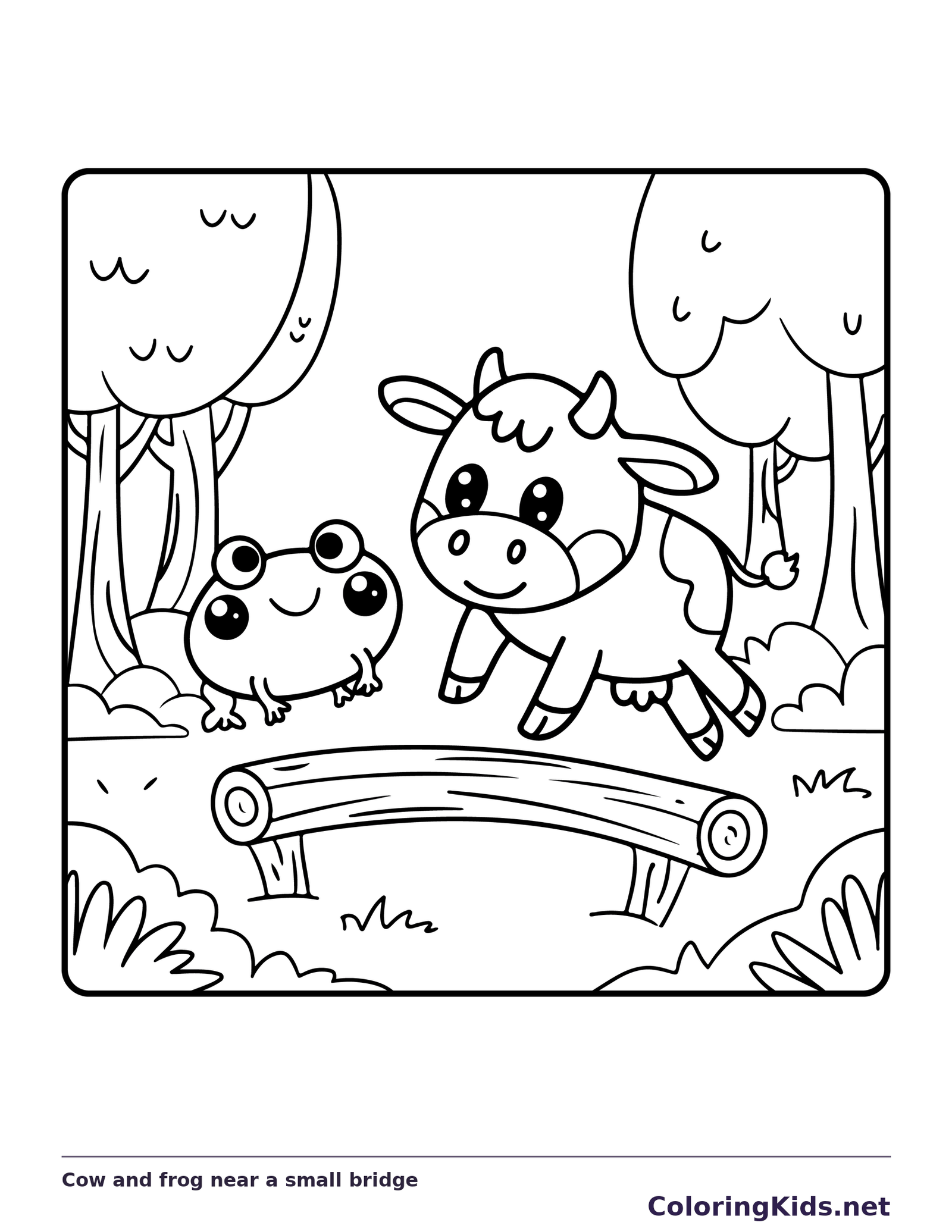 Cow and frog near a small bridge, black-and-white printable cow coloring page