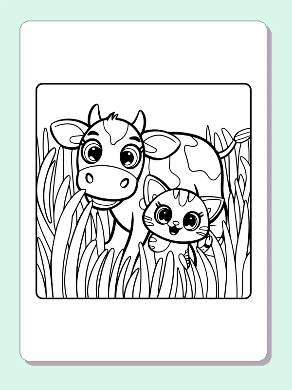 Cow and kitten in tall grass, black-and-white printable cow coloring page