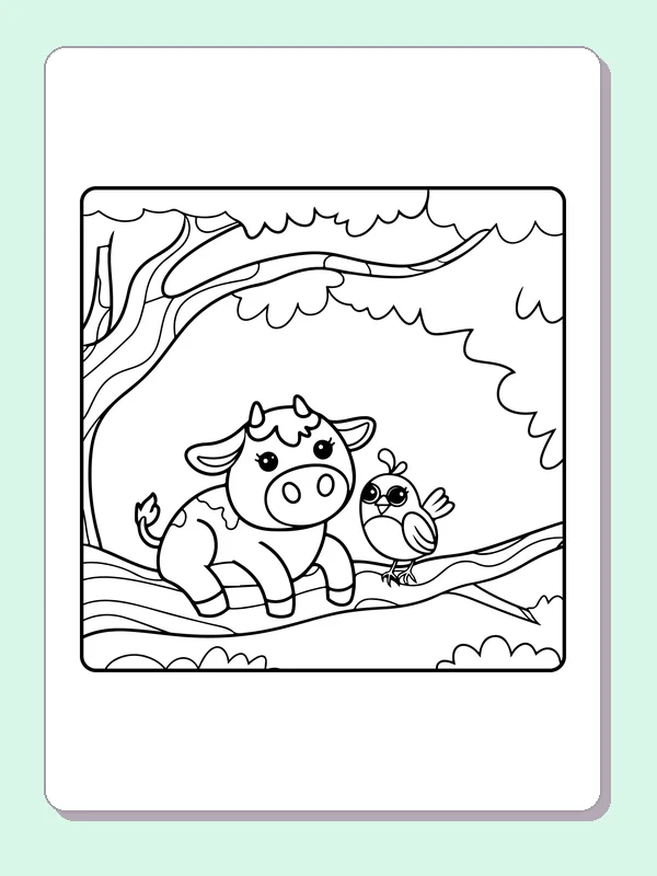 Cow and squirrel on a tree branch, black-and-white printable cow coloring page