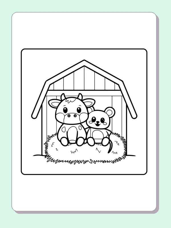 Cow and teddy bear in a barn, black-and-white printable cow coloring page