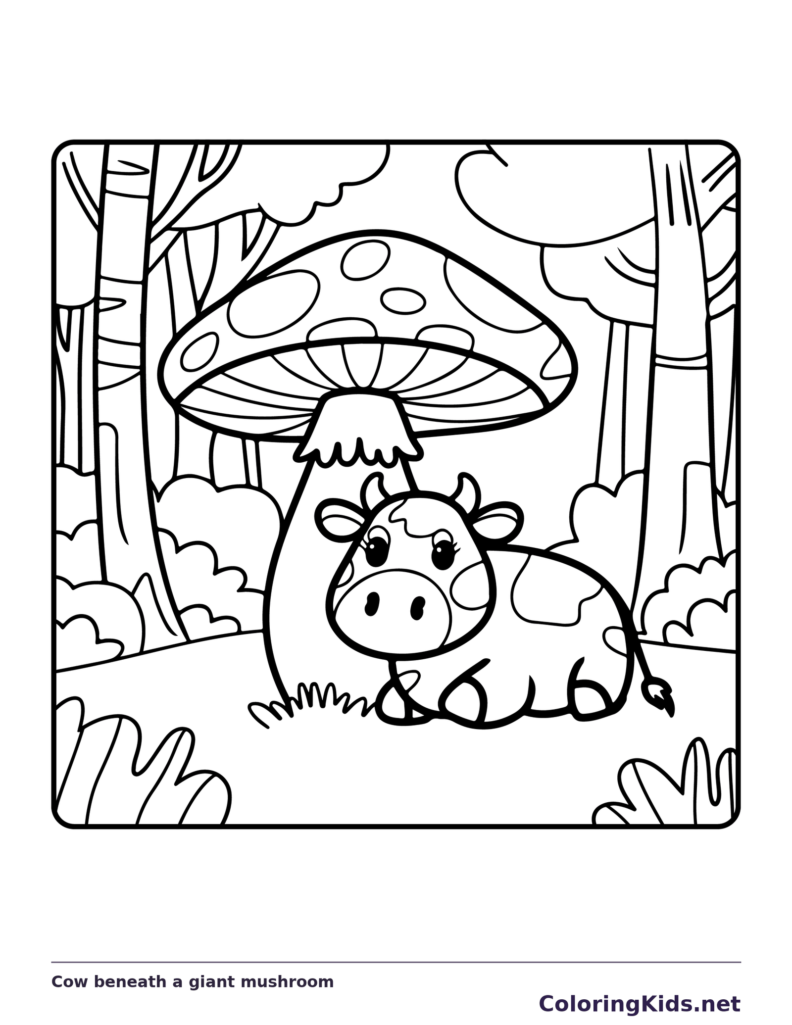 Cow beneath a giant mushroom, black-and-white printable cow coloring page