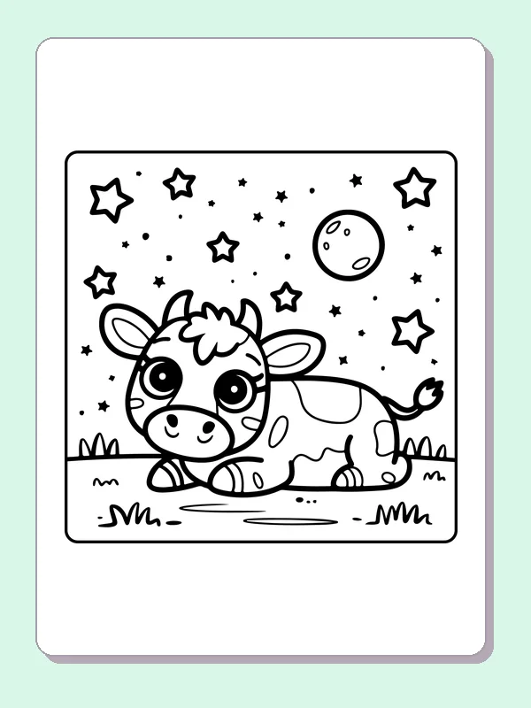 Cow beneath moon and stars, black-and-white printable cow coloring page