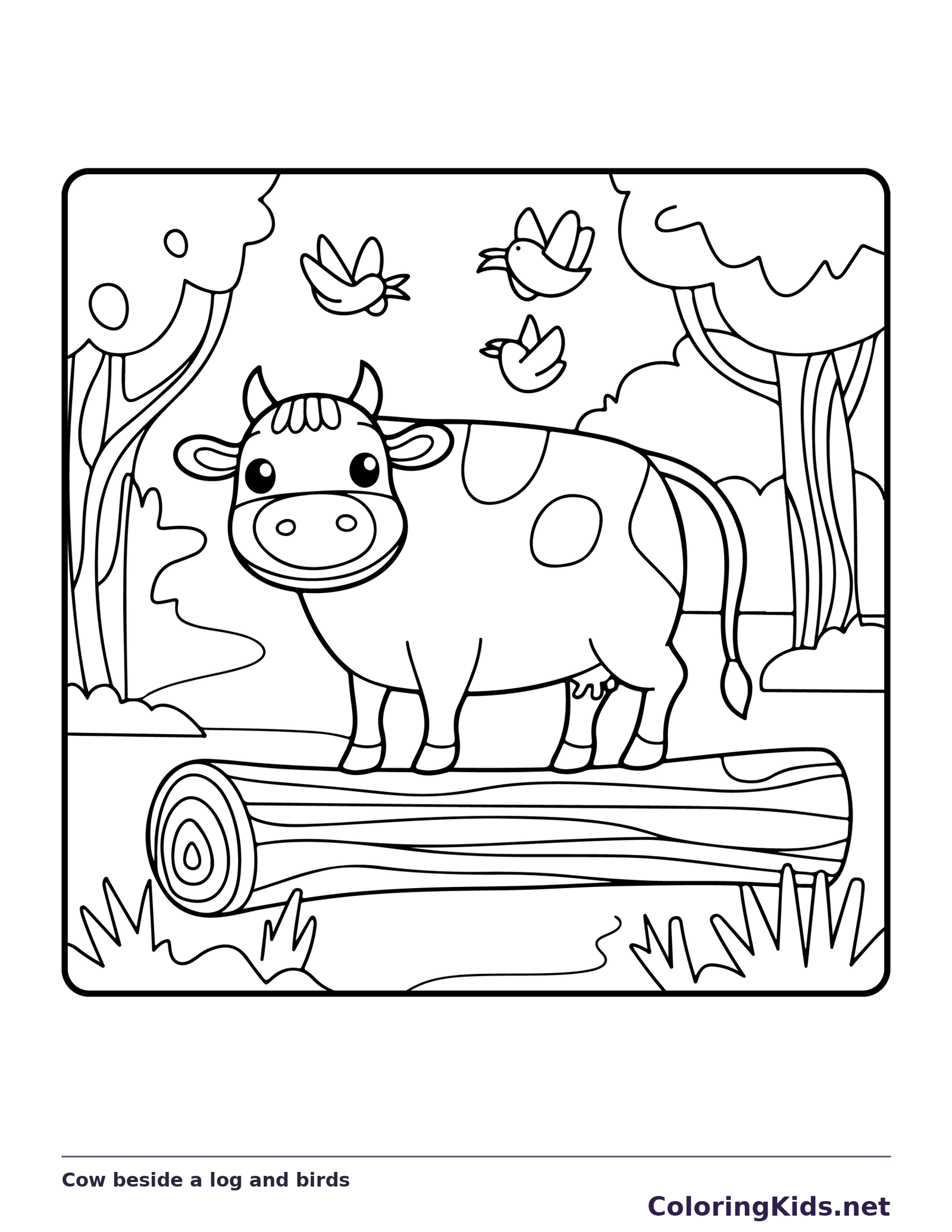 Cow beside a log and birds, black-and-white printable cow coloring page