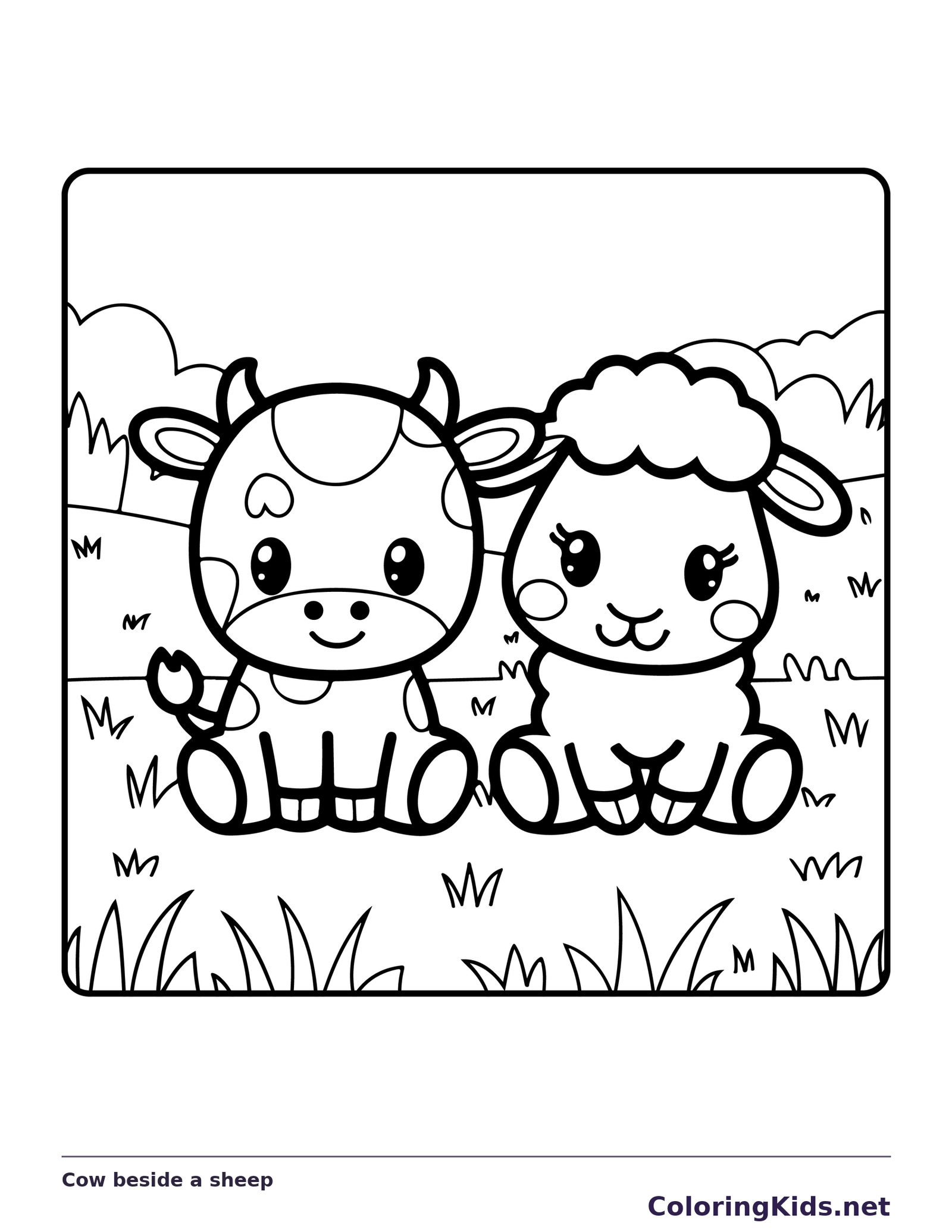 Cow beside a sheep, black-and-white printable cow coloring page