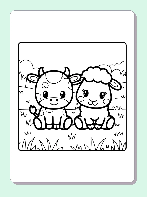 Cow beside a sheep, black-and-white printable cow coloring page