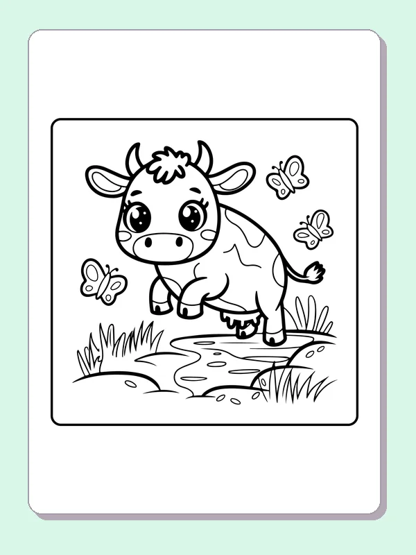 Cow beside a stream and butterflies, black-and-white printable cow coloring page