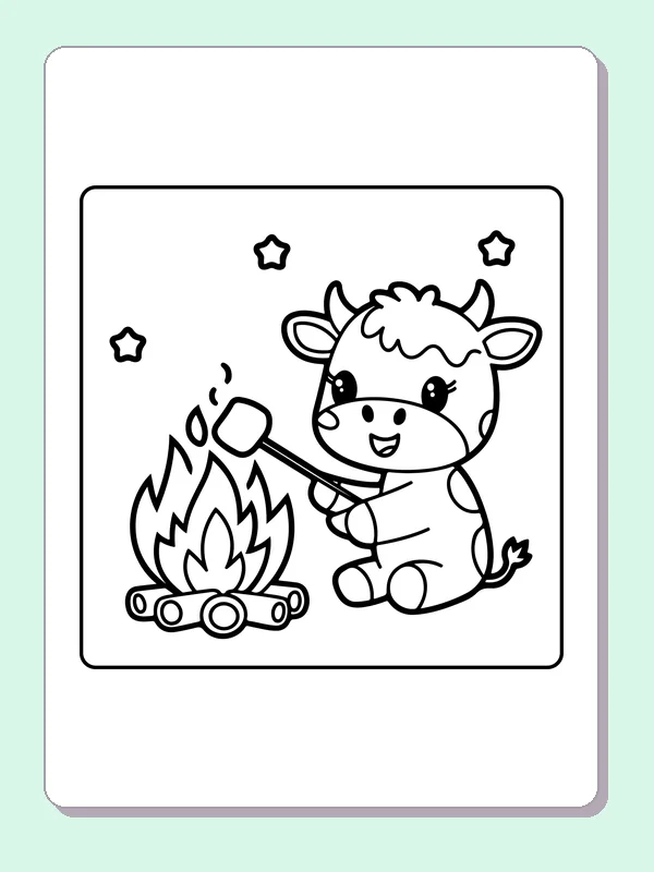 Cow by a campfire, black-and-white printable cow coloring page