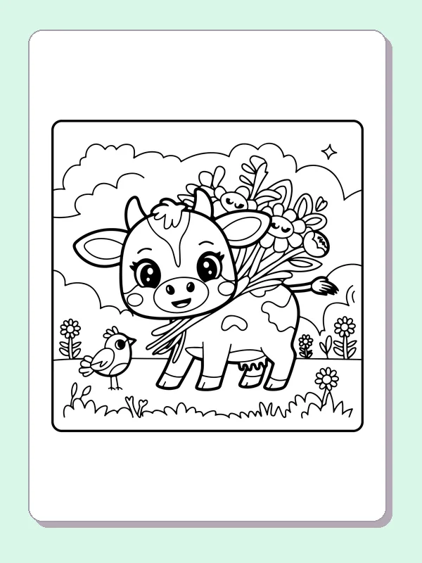 Cow carrying a bouquet of flowers, black-and-white printable cow coloring page