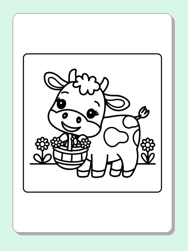 Cow carrying a flower basket, black-and-white printable cow coloring page