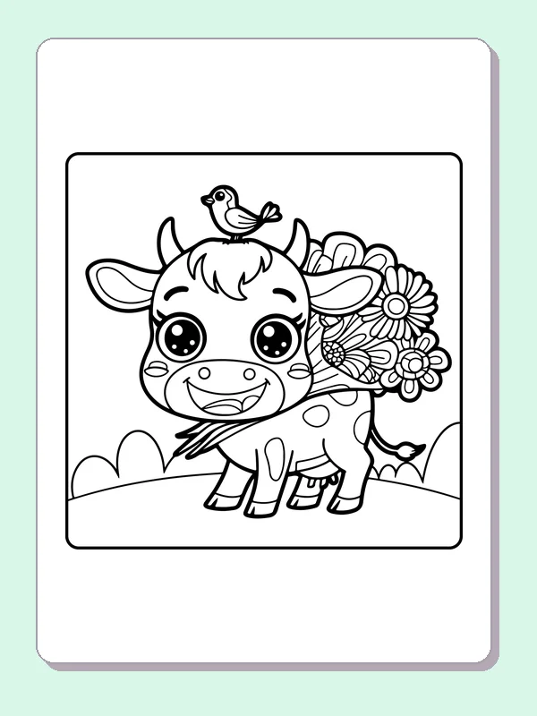 Cow carrying a flower bouquet, black-and-white printable cow coloring page