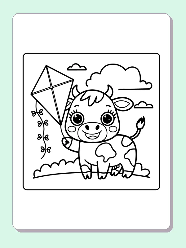 Cow flying a kite, black-and-white printable cow coloring page