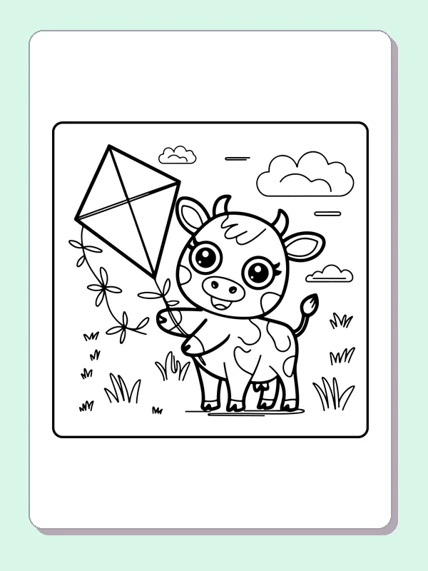 Cow holding a kite, black-and-white printable cow coloring page