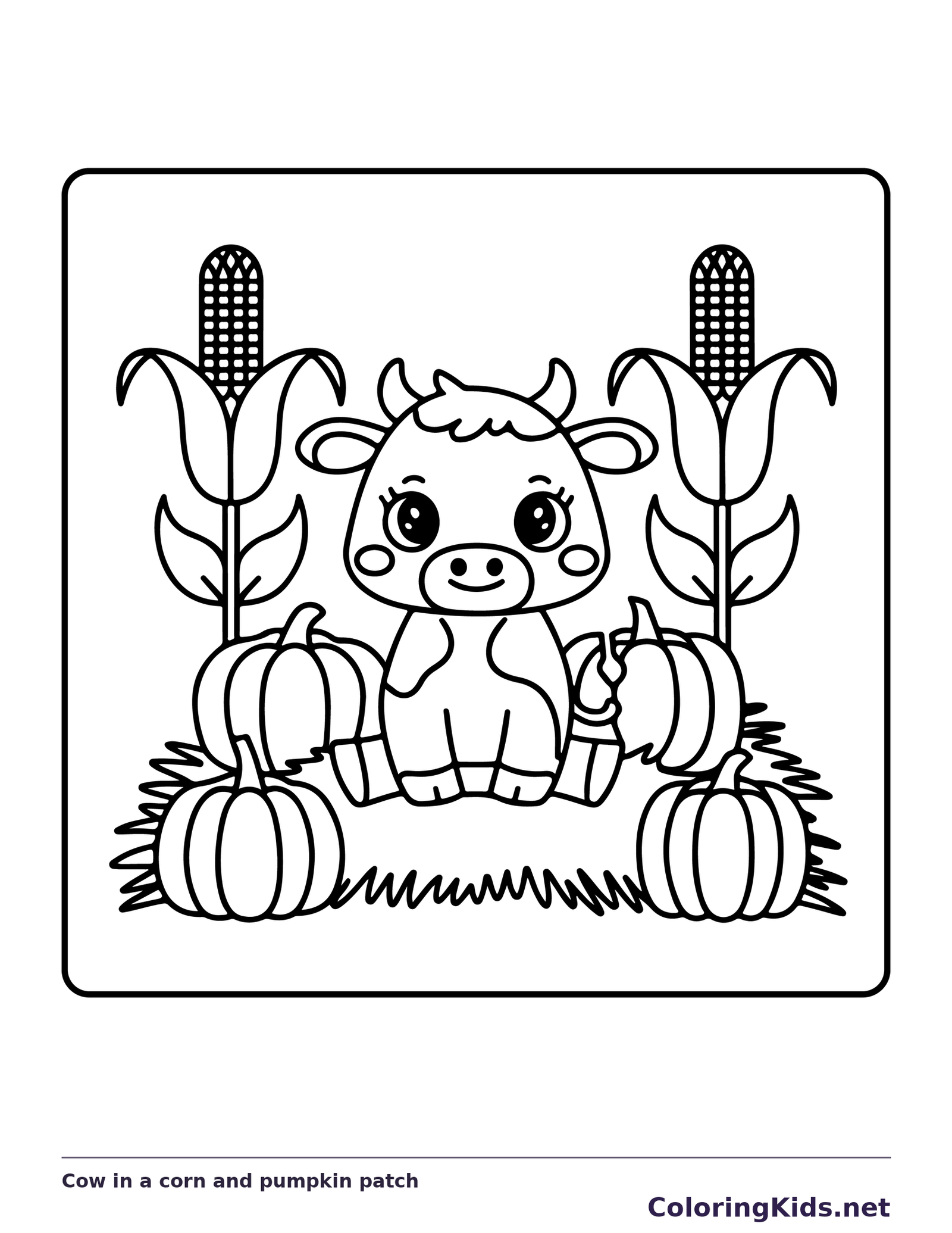 Cow in a corn and pumpkin patch, black-and-white printable cow coloring page