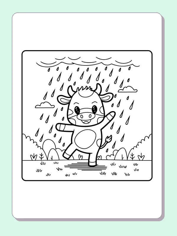 Cow in a raincoat, black-and-white printable cow coloring page