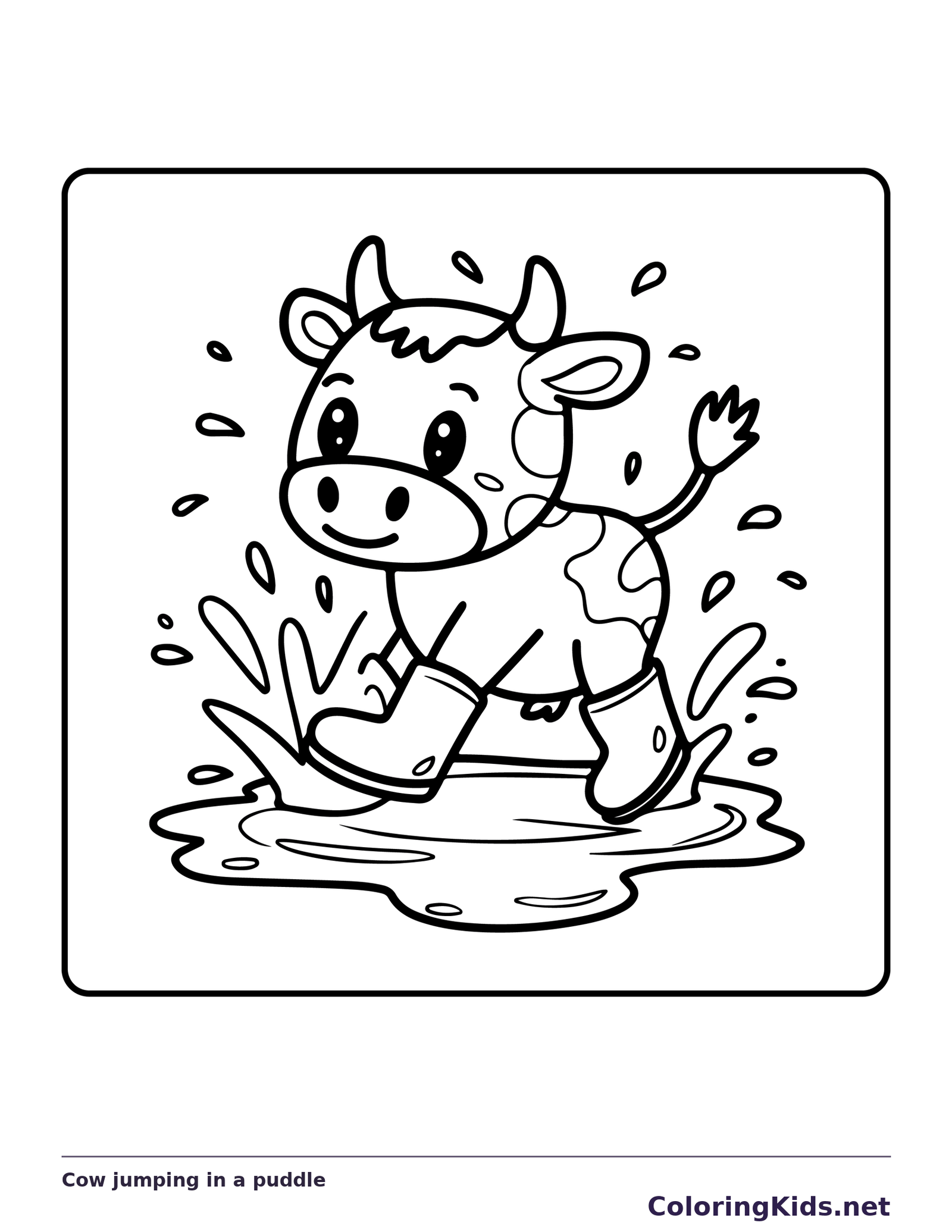 Cow jumping in a puddle, black-and-white printable cow coloring page