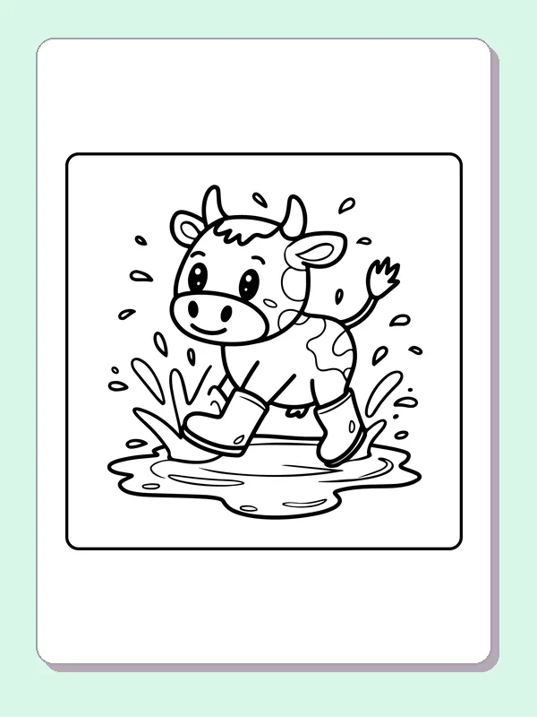 Cow jumping in a puddle, black-and-white printable cow coloring page