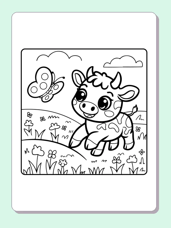 Cow leaping near a butterfly, black-and-white printable cow coloring page