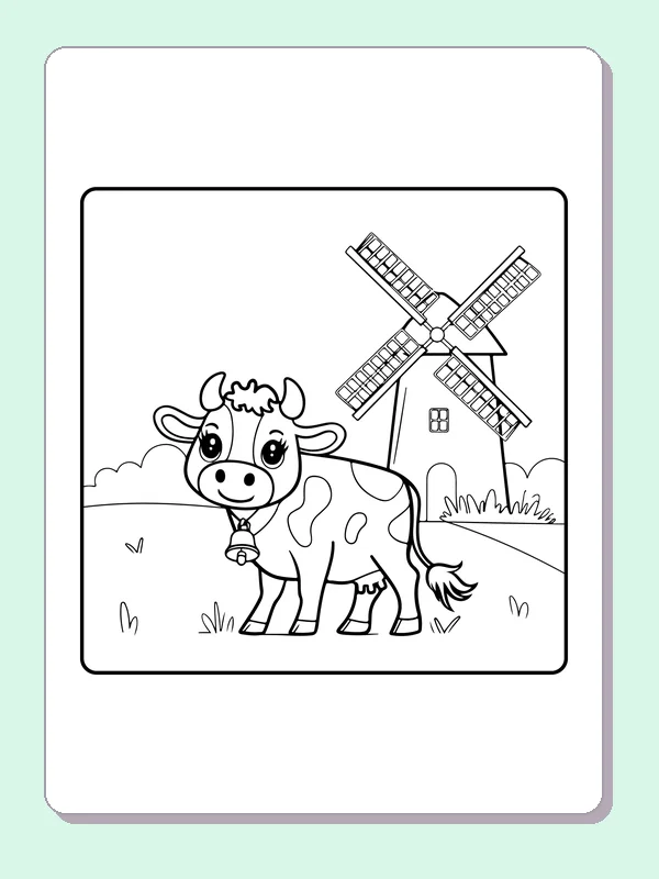 Cow near a windmill, black-and-white printable cow coloring page