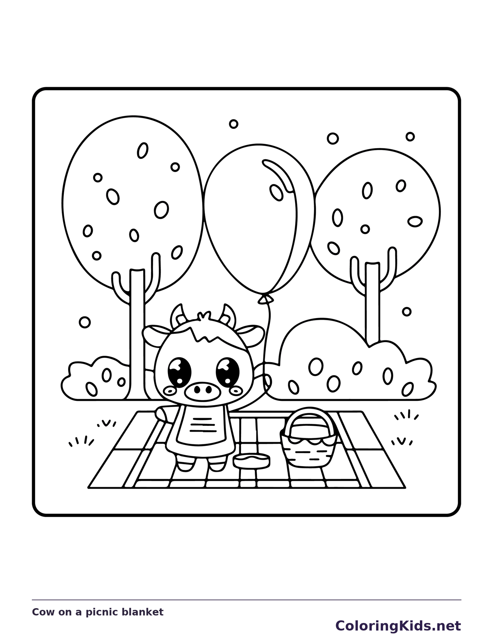 Cow on a picnic blanket, black-and-white printable cow coloring page