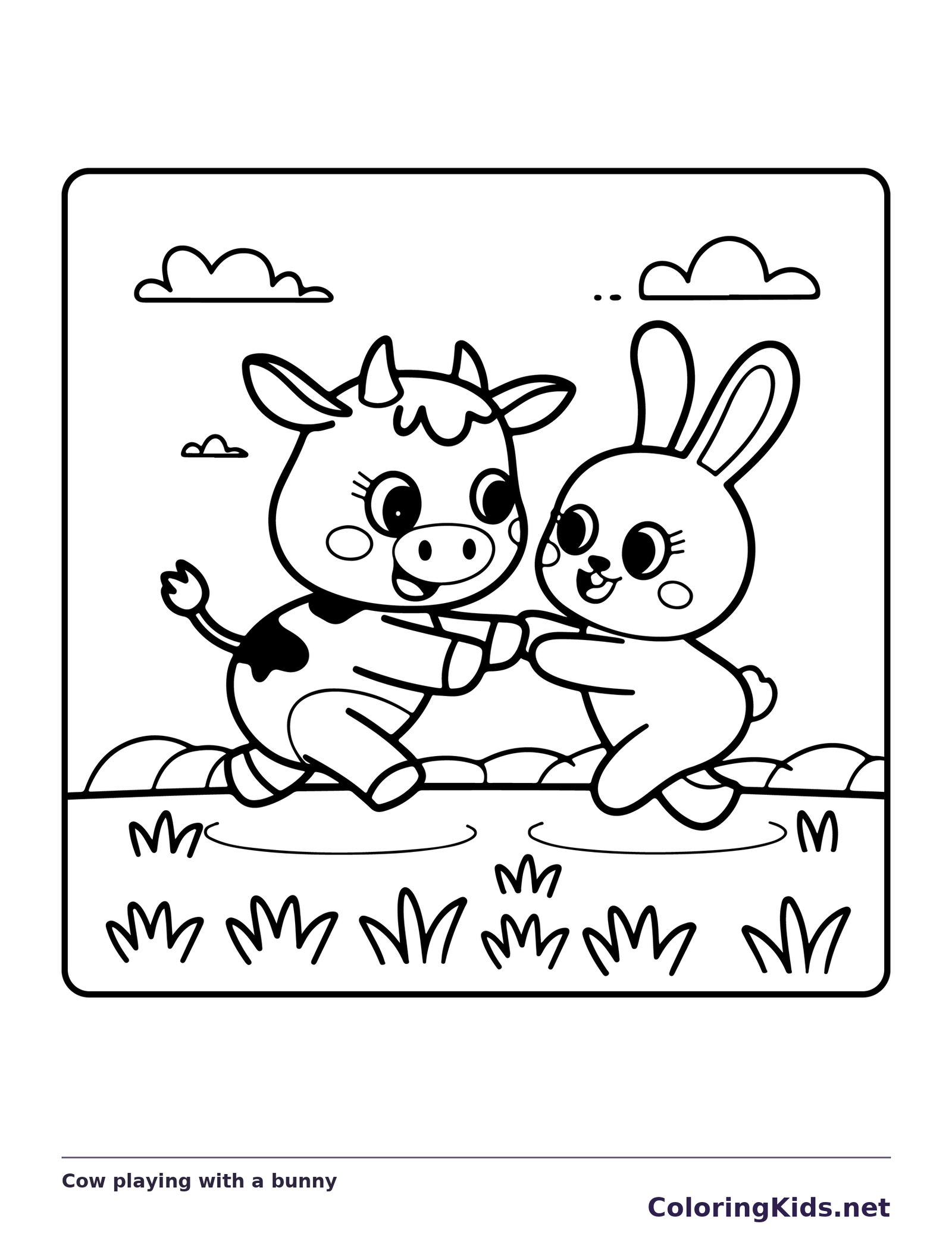 Cow playing with a bunny, black-and-white printable cow coloring page