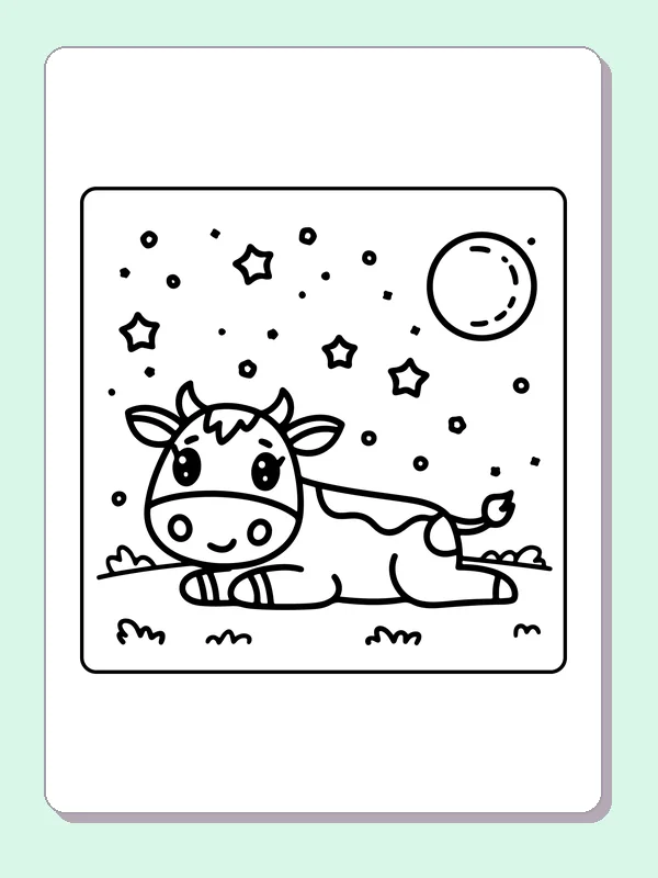 Cow resting under a starry sky, black-and-white printable cow coloring page