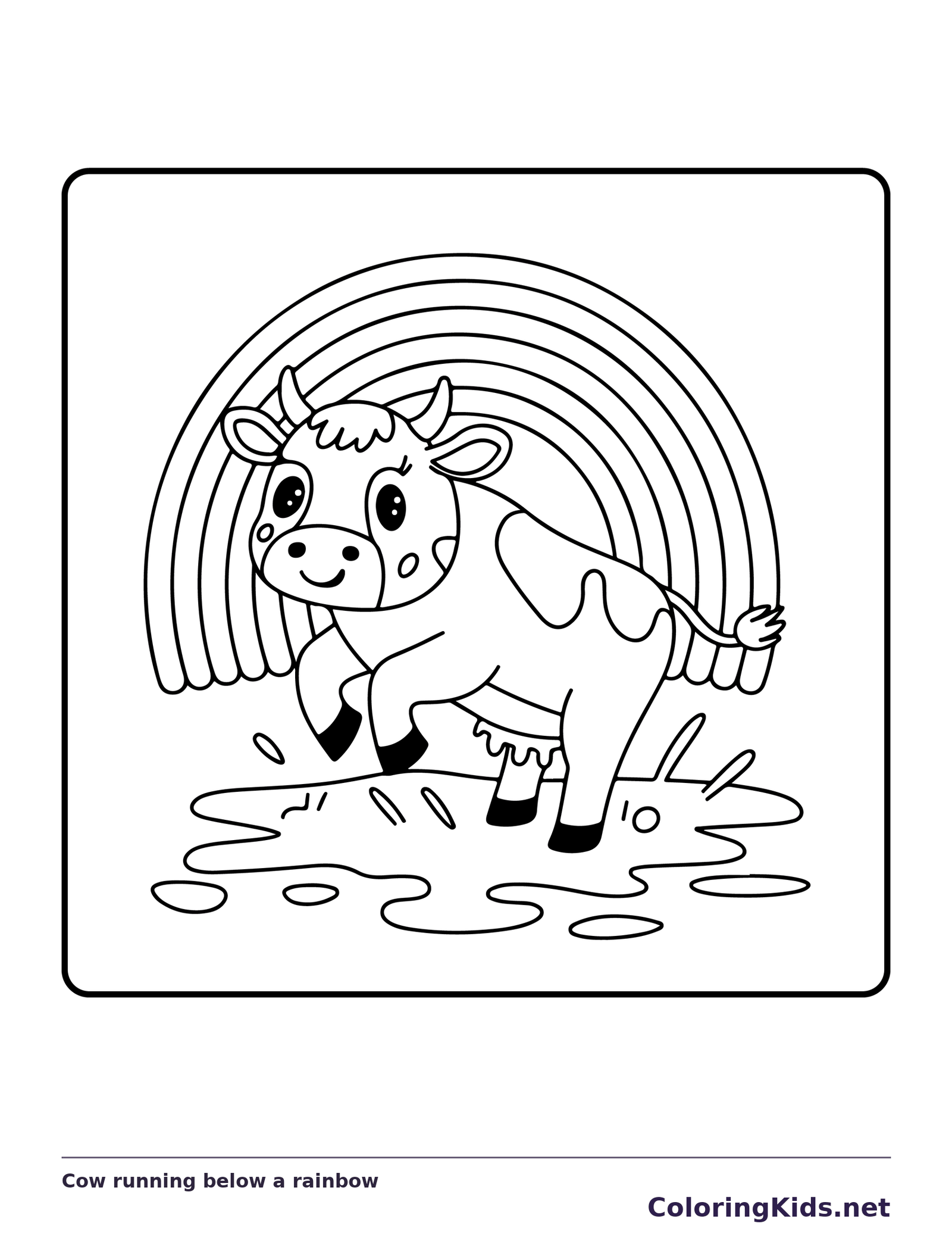 Cow running below a rainbow, black-and-white printable cow coloring page