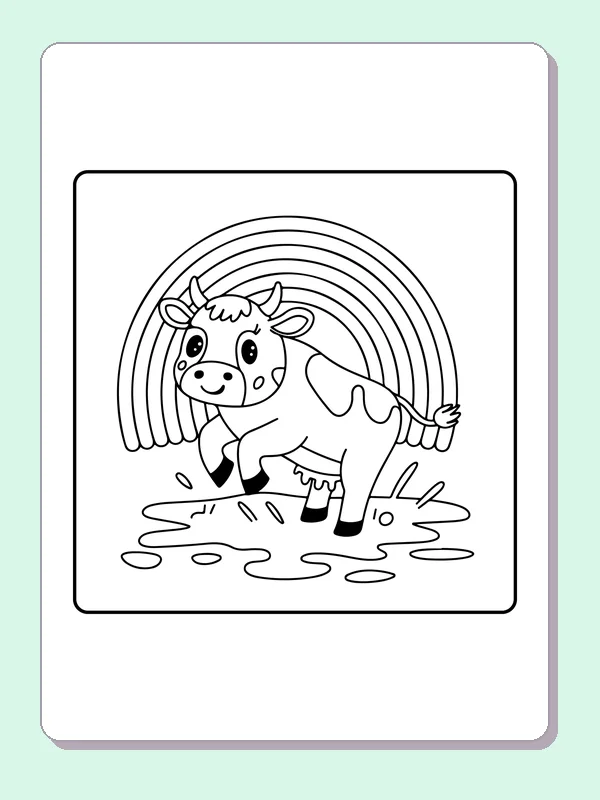 Cow running below a rainbow, black-and-white printable cow coloring page