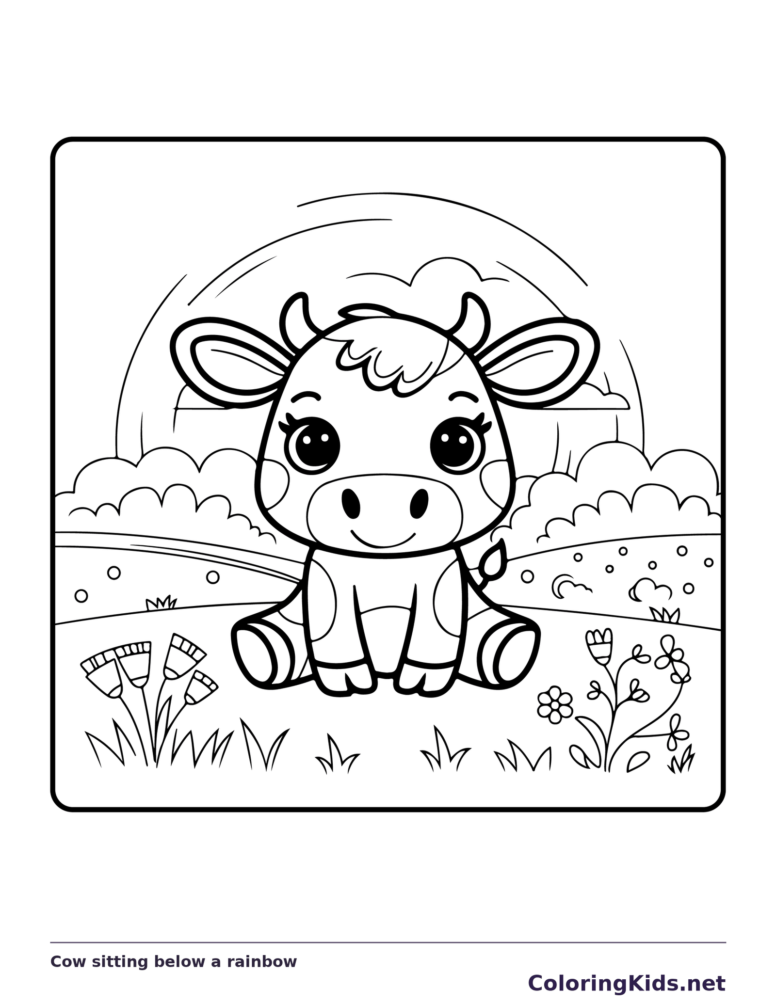 Cow sitting below a rainbow, black-and-white printable cow coloring page