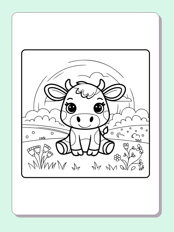 Cow sitting below a rainbow, black-and-white printable cow coloring page