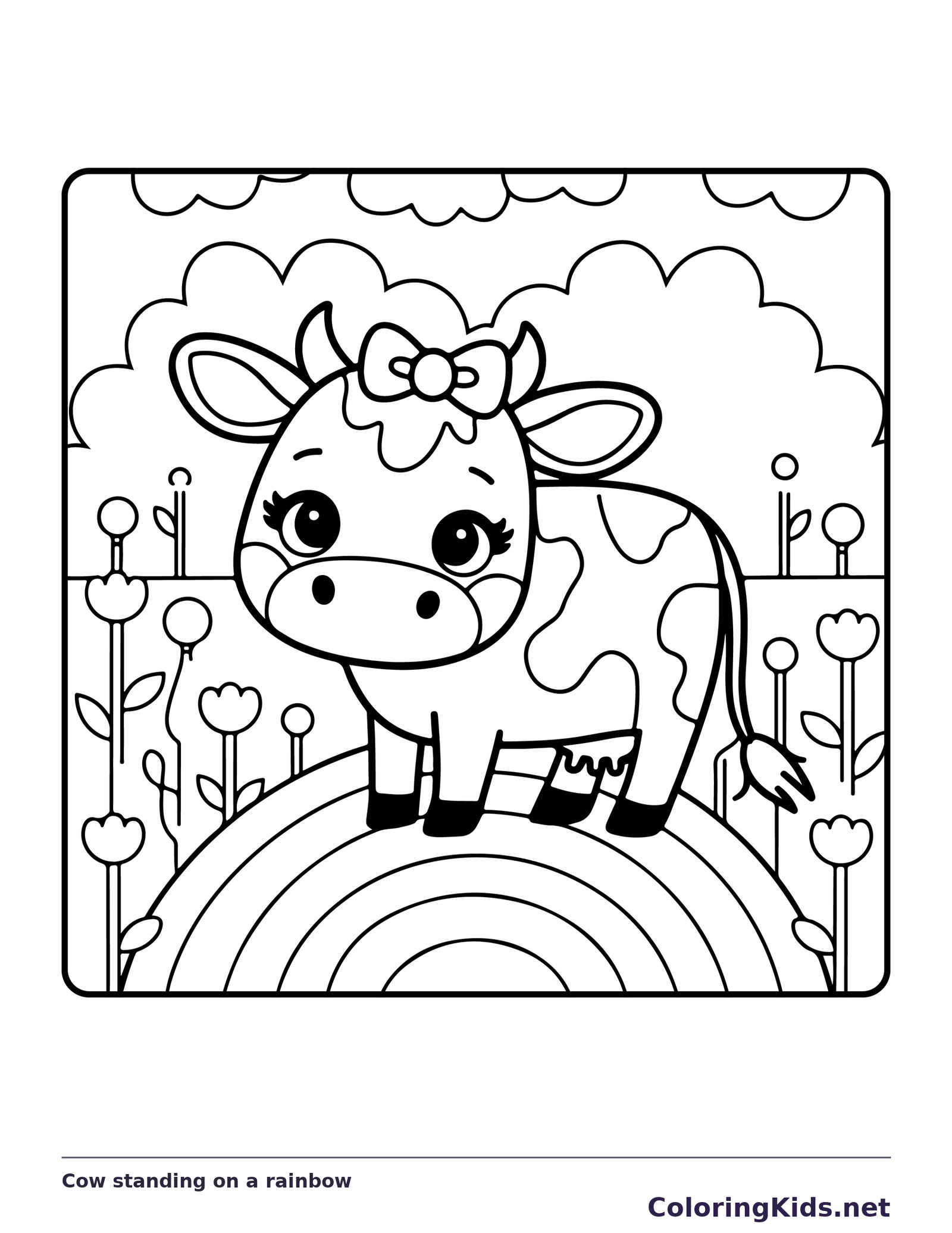 Cow standing on a rainbow, black-and-white printable cow coloring page