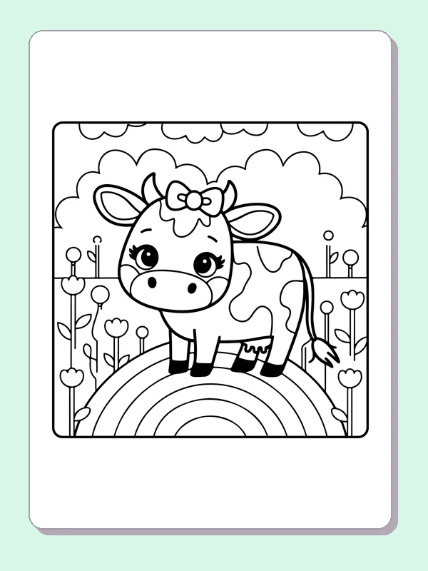Cow standing on a rainbow, black-and-white printable cow coloring page