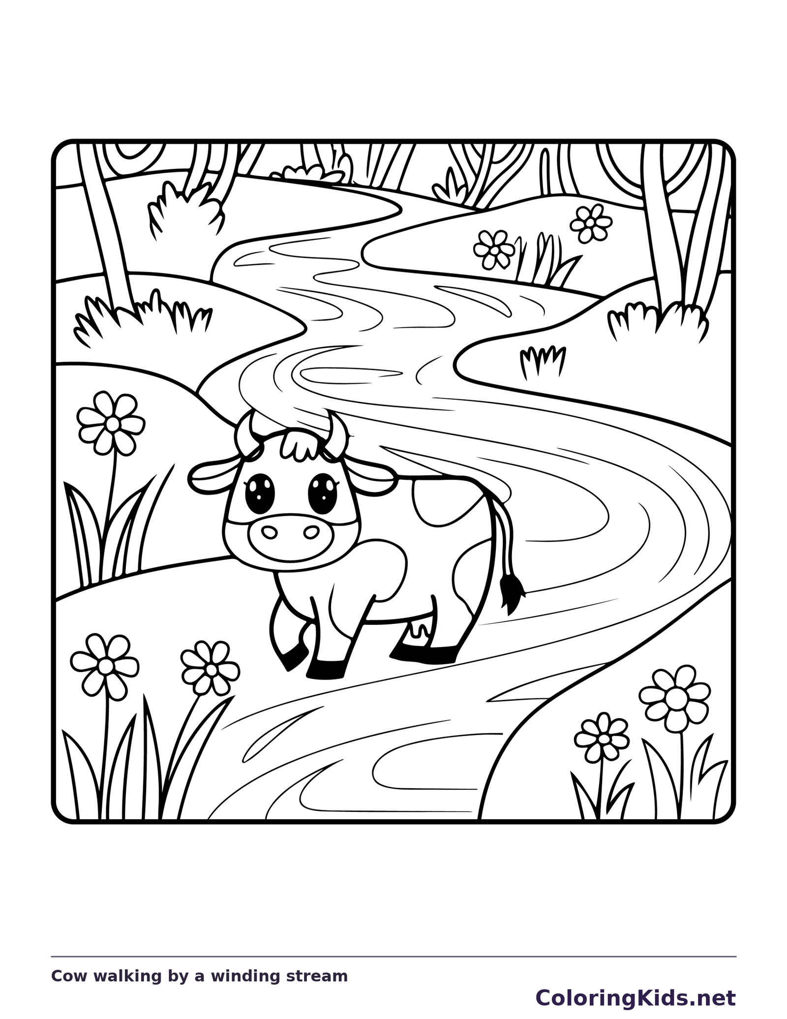 Cow walking by a winding stream, black-and-white printable cow coloring page