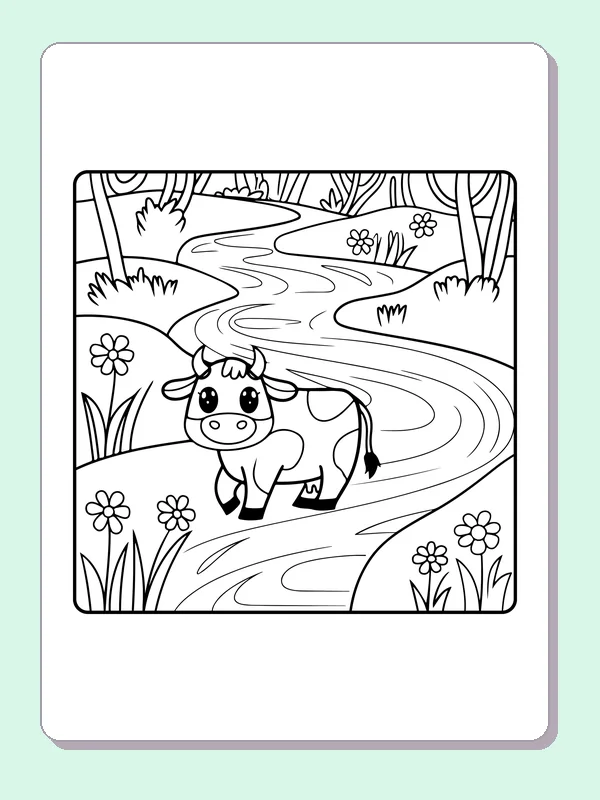 Cow walking by a winding stream, black-and-white printable cow coloring page