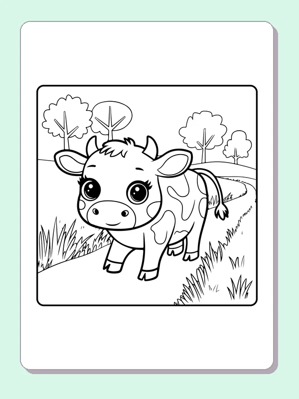 Cow walking through a meadow, black-and-white printable cow coloring page