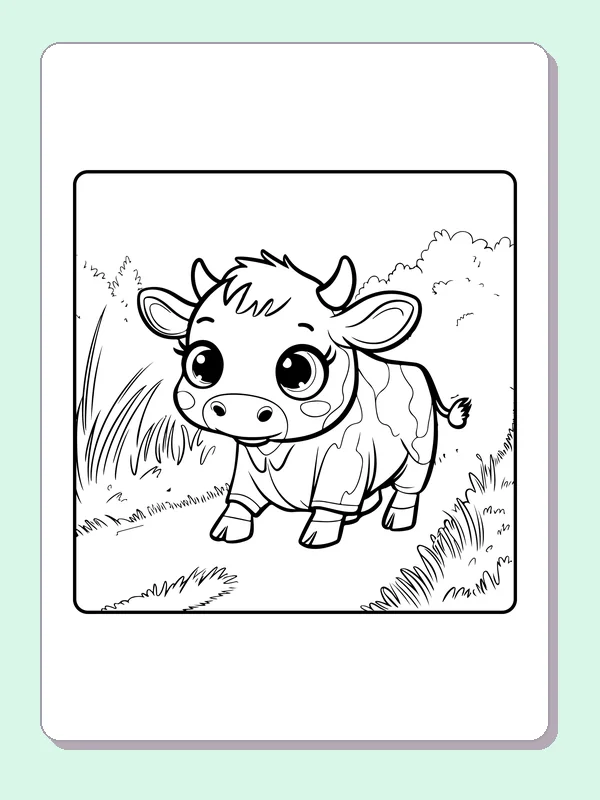 Cow walking through tall grass, black-and-white printable cow coloring page