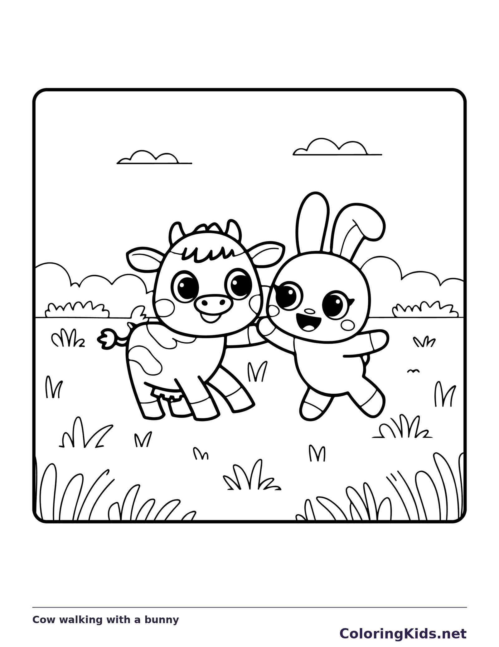 Cow walking with a bunny, black-and-white printable cow coloring page