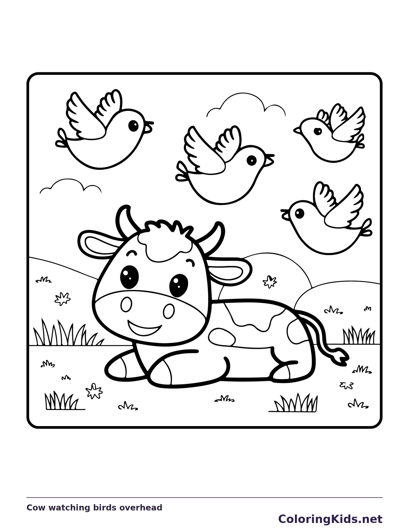 Cow watching birds overhead, black-and-white printable cow coloring page