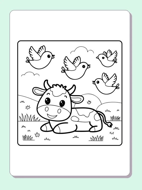 Cow watching birds overhead, black-and-white printable cow coloring page
