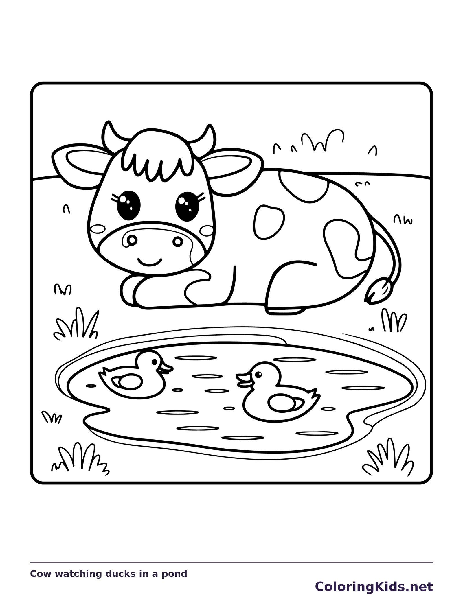 Cow watching ducks in a pond, black-and-white printable cow coloring page