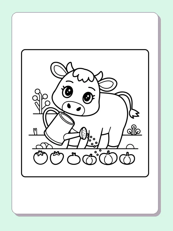 Cow watering a vegetable garden, black-and-white printable cow coloring page