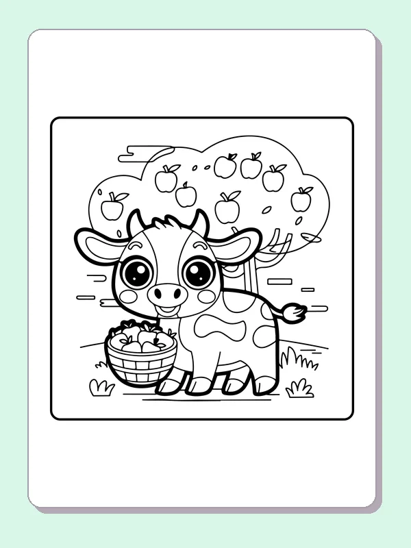 Cow with an apple basket, black-and-white printable cow coloring page