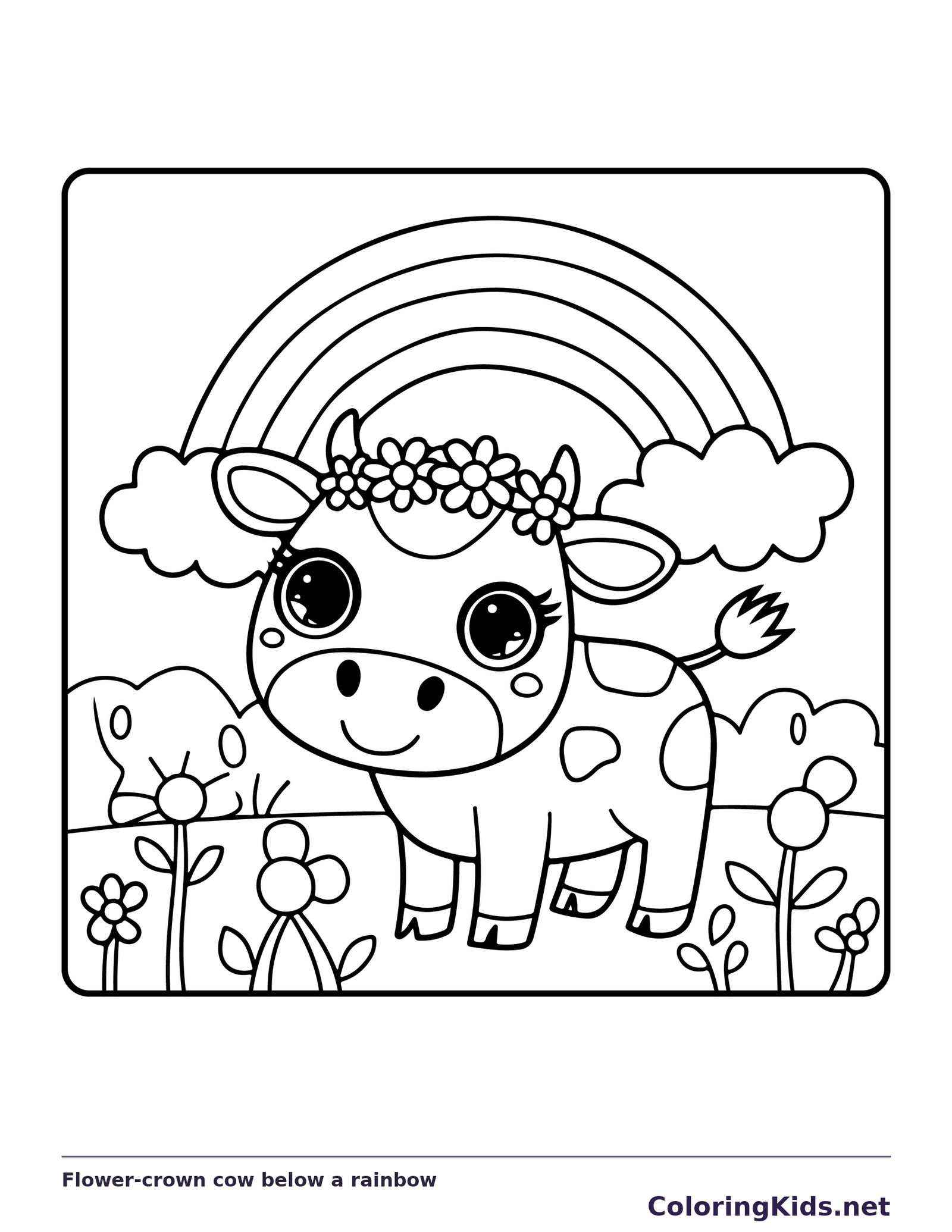 Flower-crown cow below a rainbow, black-and-white printable cow coloring page
